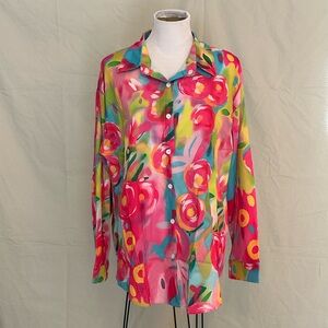 NWOT SHEIN Colorful Floral Button Down Shirt long sleeve pink blue green XXL
